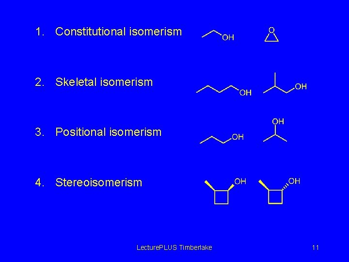 1. Constitutional isomerism 2. Skeletal isomerism 3. Positional isomerism 4. Stereoisomerism Lecture. PLUS Timberlake