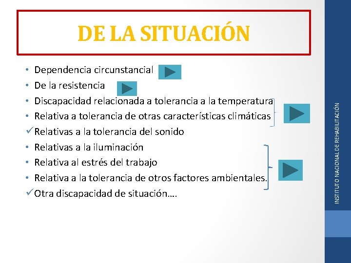  • Dependencia circunstancial • De la resistencia • Discapacidad relacionada a tolerancia a