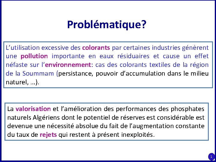 Problématique? L’utilisation excessive des colorants par certaines industries génèrent une pollution importante en eaux