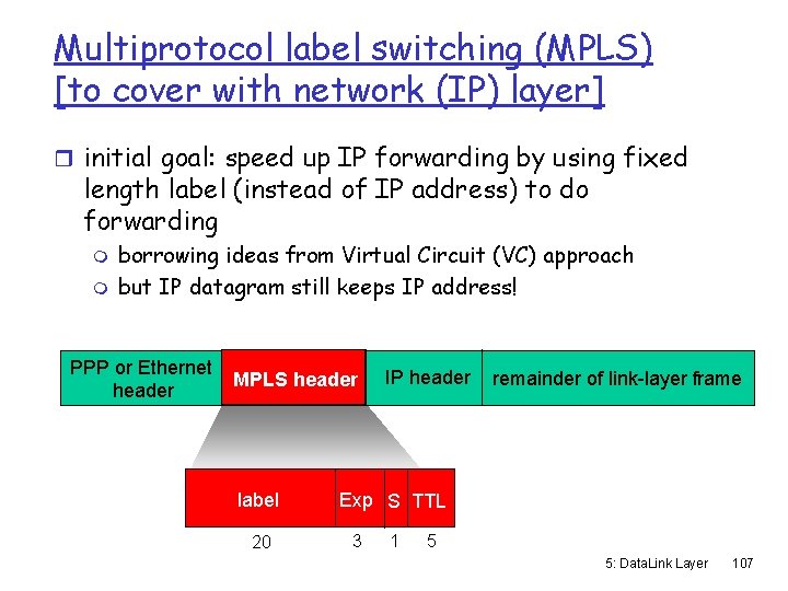 Multiprotocol label switching (MPLS) [to cover with network (IP) layer] r initial goal: speed