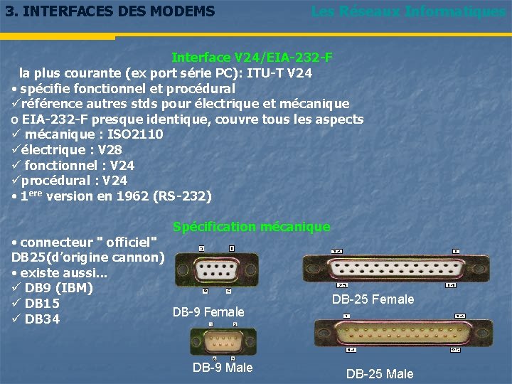 3. INTERFACES DES MODEMS Les Réseaux Informatiques Interface V 24/EIA-232 -F la plus courante