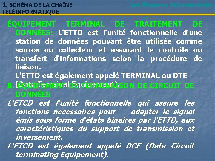 1. SCHÉMA DE LA CHAÎNE TÉLÉINFORMATIQUE Les Réseaux Informatiques ÉQUIPEMENT TERMINAL DE TRAITEMENT DE