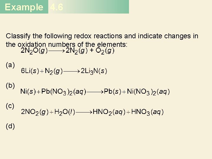 Example 4. 6 Classify the following redox reactions and indicate changes in the oxidation