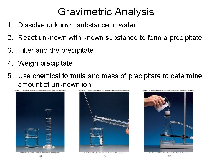 Gravimetric Analysis 1. Dissolve unknown substance in water 2. React unknown with known substance Gravimetric Analysis 1. Dissolve unknown substance in water 2. React unknown with known substance