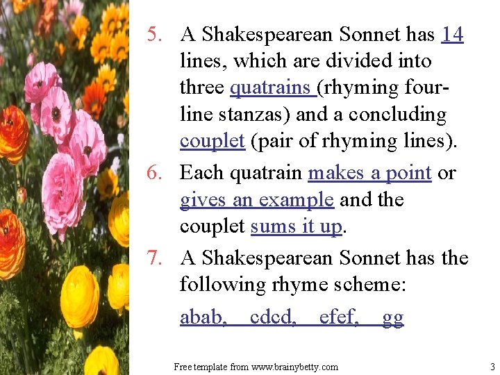 5. A Shakespearean Sonnet has 14 lines, which are divided into three quatrains (rhyming 5. A Shakespearean Sonnet has 14 lines, which are divided into three quatrains (rhyming