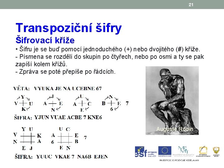 21 Transpoziční šifry Šifrovací kříže • Šifru je se buď pomocí jednoduchého (+) nebo