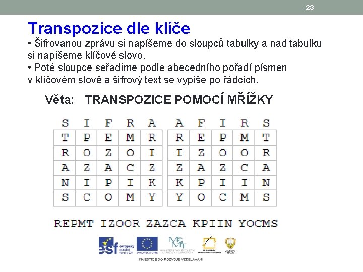 23 Transpozice dle klíče • Šifrovanou zprávu si napíšeme do sloupců tabulky a nad