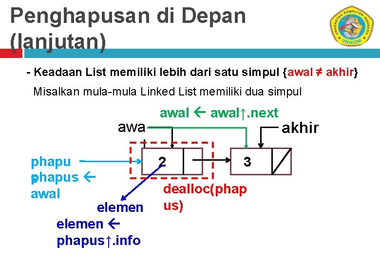 Penghapusan di Depan (lanjutan) - Keadaan List memiliki lebih dari satu simpul {awal ≠