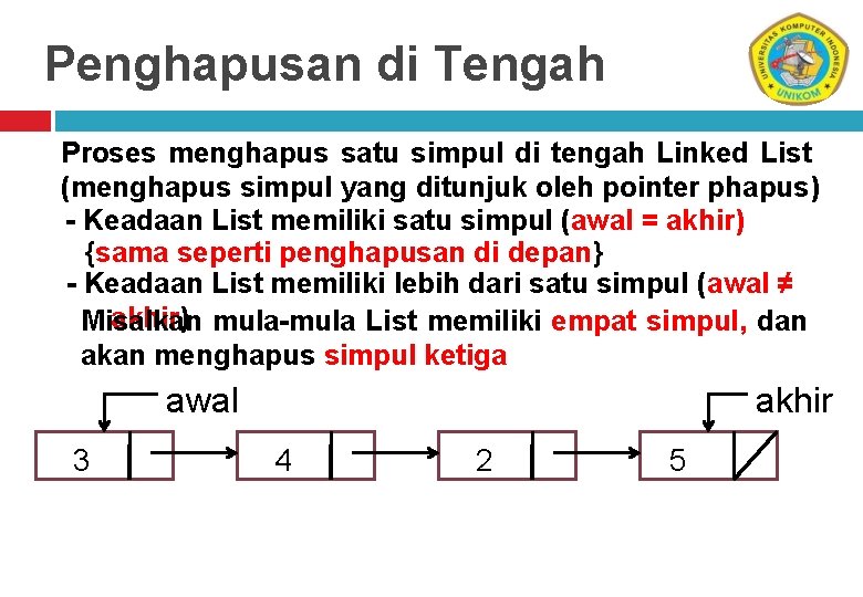 Penghapusan di Tengah Proses menghapus satu simpul di tengah Linked List (menghapus simpul yang