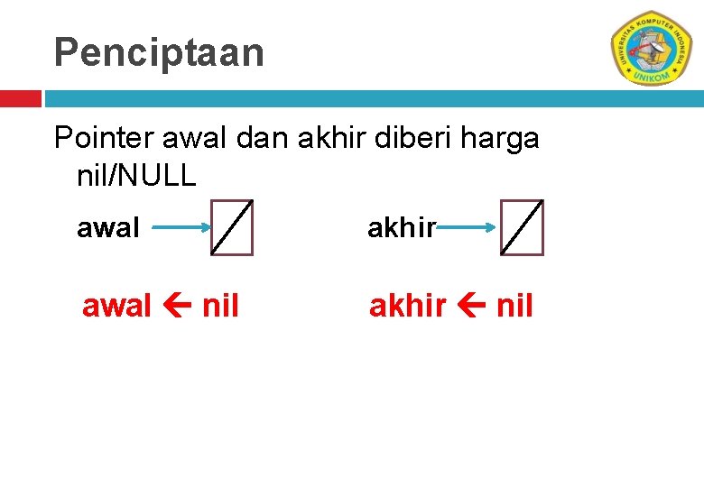 Penciptaan Pointer awal dan akhir diberi harga nil/NULL awal akhir awal nil akhir nil