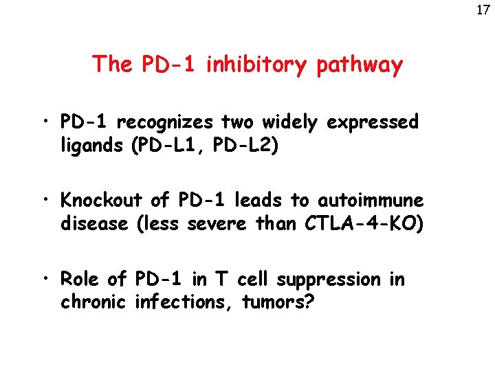 17 The PD-1 inhibitory pathway • PD-1 recognizes two widely expressed ligands (PD-L 1,