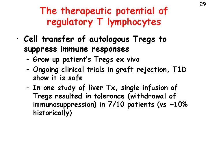 The therapeutic potential of regulatory T lymphocytes • Cell transfer of autologous Tregs to