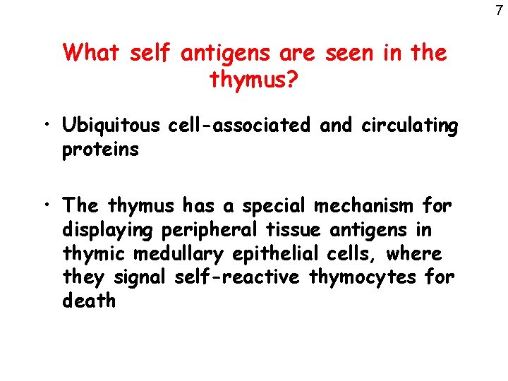7 What self antigens are seen in the thymus? • Ubiquitous cell-associated and circulating