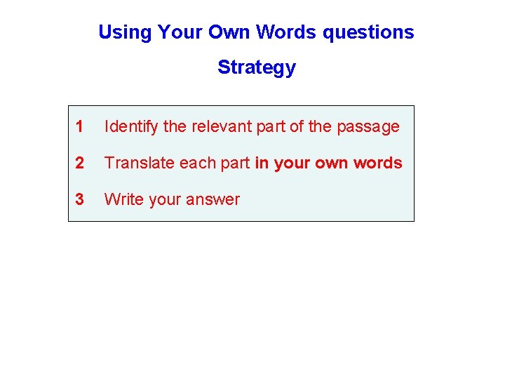 Using Your Own Words questions Strategy 1 Identify the relevant part of the passage