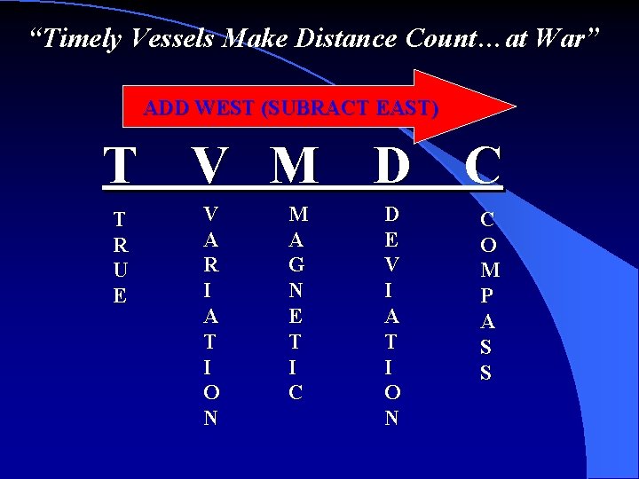 “Timely Vessels Make Distance Count…at War” ADD WEST (SUBRACT EAST) T V M D
