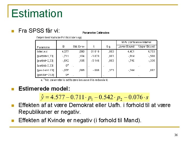 Estimation n Fra SPSS får vi: n Estimerede model: n Effekten af at være