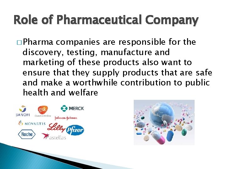Role of Pharmaceutical Company � Pharma companies are responsible for the discovery, testing, manufacture