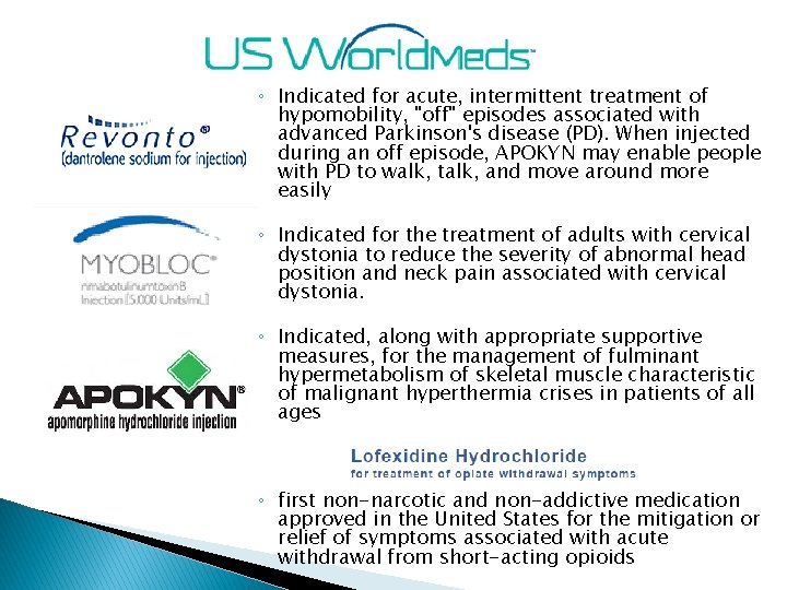 ◦ Indicated for acute, intermittent treatment of hypomobility, "off" episodes associated with advanced Parkinson's