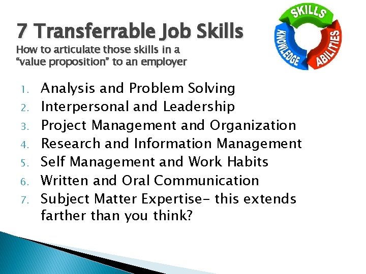 7 Transferrable Job Skills How to articulate those skills in a “value proposition” to