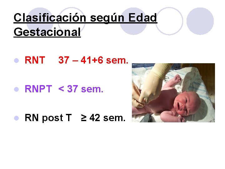 Clasificación según Edad Gestacional l RNT 37 – 41+6 sem. l RNPT < 37