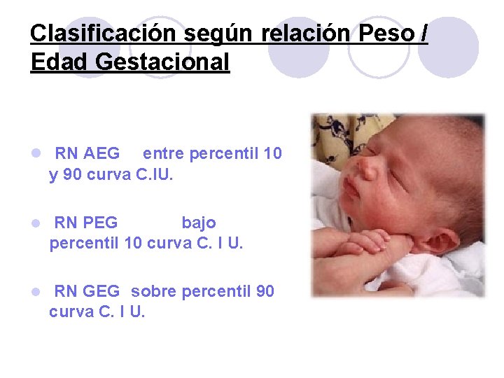 Clasificación según relación Peso / Edad Gestacional l RN AEG entre percentil 10 y