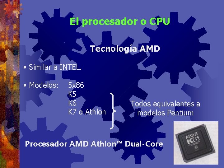 El procesador o CPU Tecnología AMD • Similar a INTEL. • Modelos: 5 x