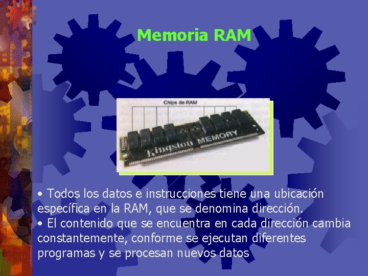 Memoria RAM • Todos los datos e instrucciones tiene una ubicación específica en la