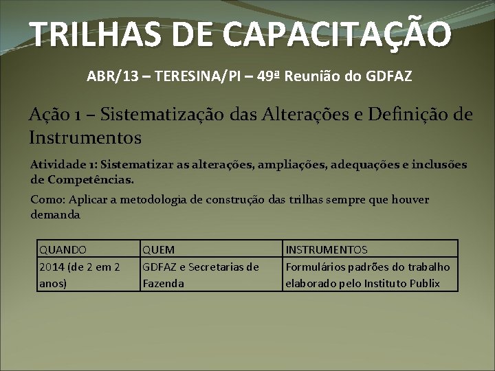 TRILHAS DE CAPACITAÇÃO ABR/13 – TERESINA/PI – 49ª Reunião do GDFAZ Ação 1 –