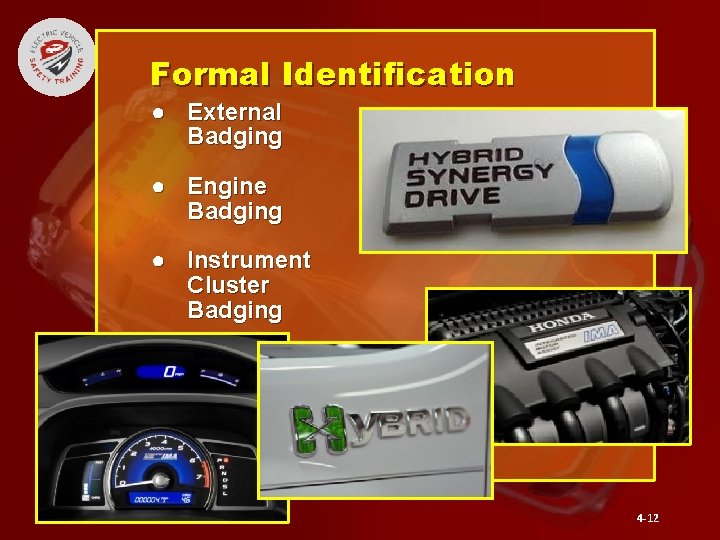 Formal Identification ● External Badging ● Engine Badging ● Instrument Cluster Badging 4 -12