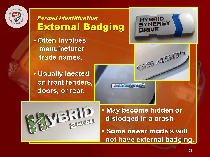 Formal Identification External Badging • Often involves manufacturer trade names. • Usually located on