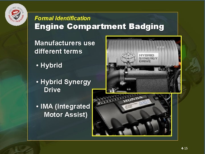 Formal Identification Engine Compartment Badging Manufacturers use different terms • Hybrid Synergy Drive •