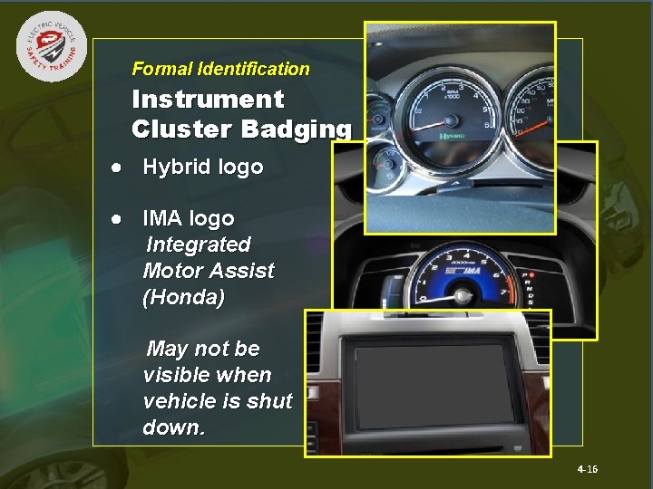 Formal Identification Instrument Cluster Badging ● Hybrid logo ● IMA logo Integrated Motor Assist