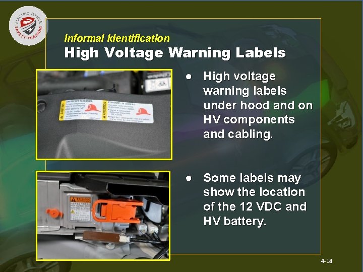 Informal Identification High Voltage Warning Labels ● High voltage warning labels under hood and