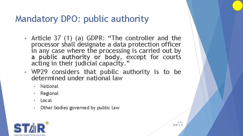 Mandatory DPO: public authority Article 37 (1) (a) GDPR: “The controller and the processor Mandatory DPO: public authority Article 37 (1) (a) GDPR: “The controller and the processor