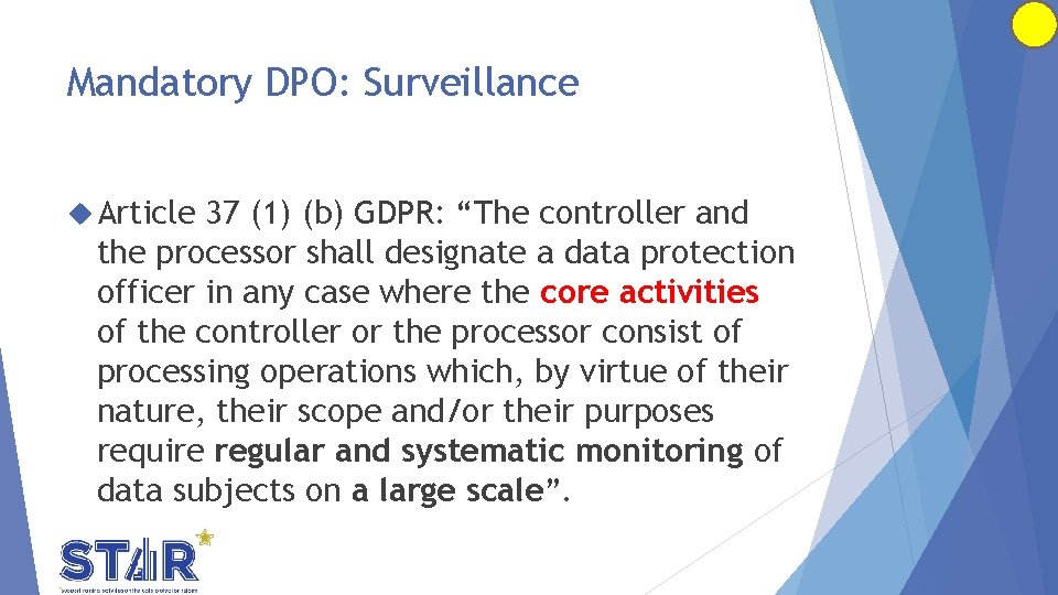 Mandatory DPO: Surveillance Article 37 (1) (b) GDPR: “The controller and the processor shall Mandatory DPO: Surveillance Article 37 (1) (b) GDPR: “The controller and the processor shall