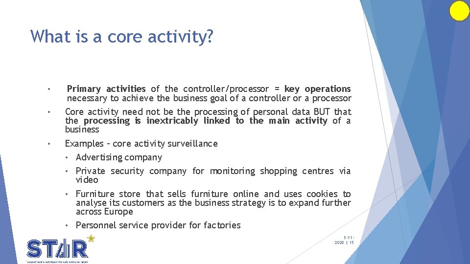 What is a core activity? • • • Primary activities of the controller/processor =