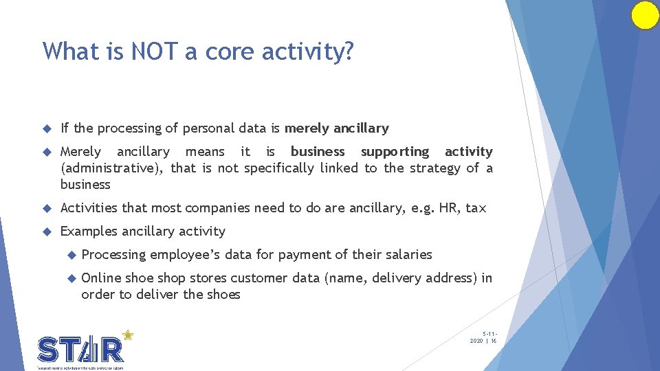 What is NOT a core activity? If the processing of personal data is merely What is NOT a core activity? If the processing of personal data is merely
