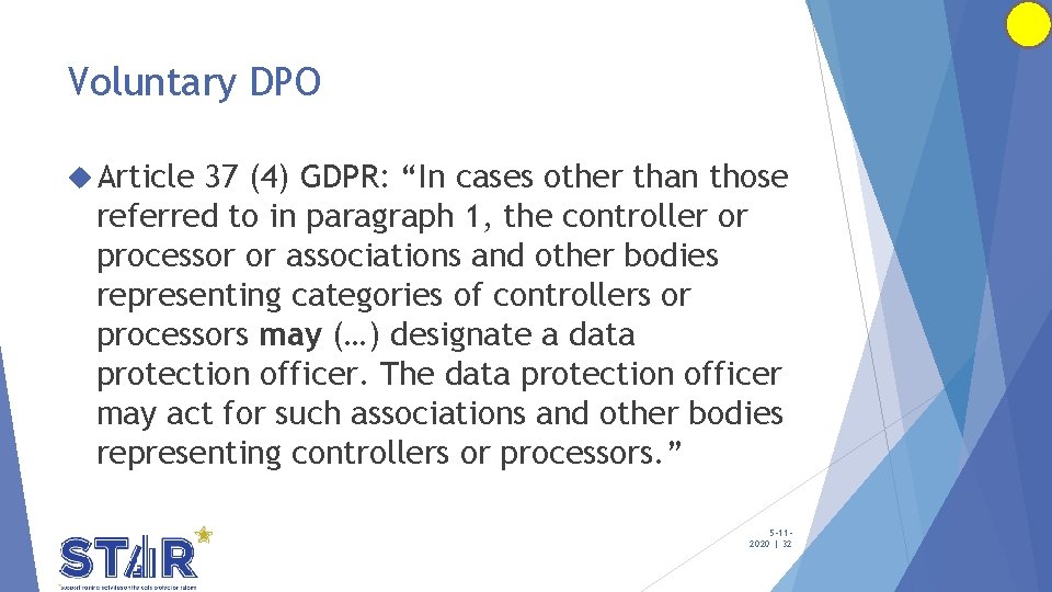 Voluntary DPO Article 37 (4) GDPR: “In cases other than those referred to in