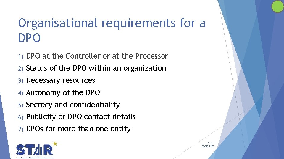 Organisational requirements for a DPO 1) DPO at the Controller or at the Processor