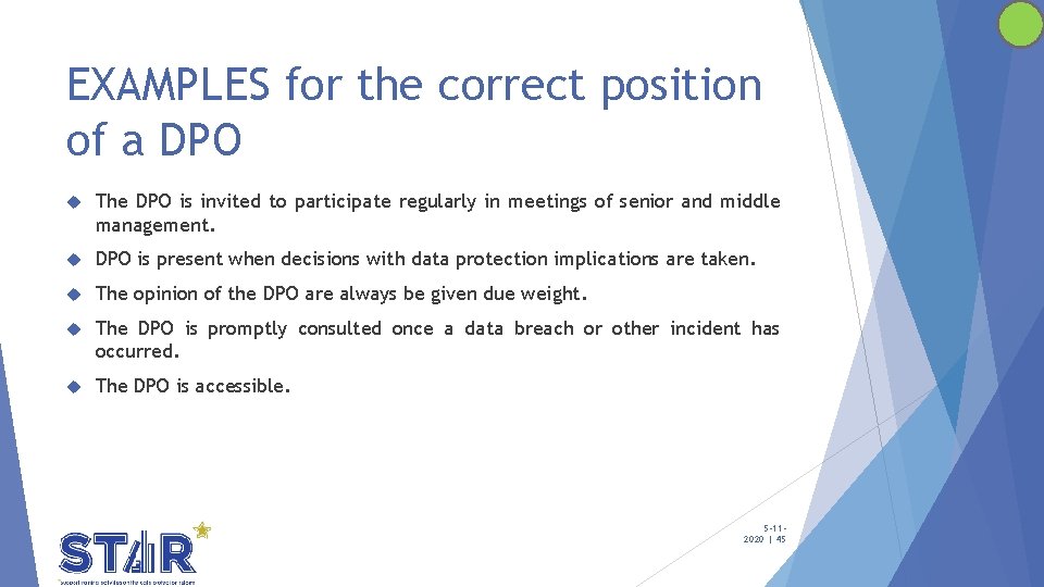 EXAMPLES for the correct position of a DPO The DPO is invited to participate EXAMPLES for the correct position of a DPO The DPO is invited to participate