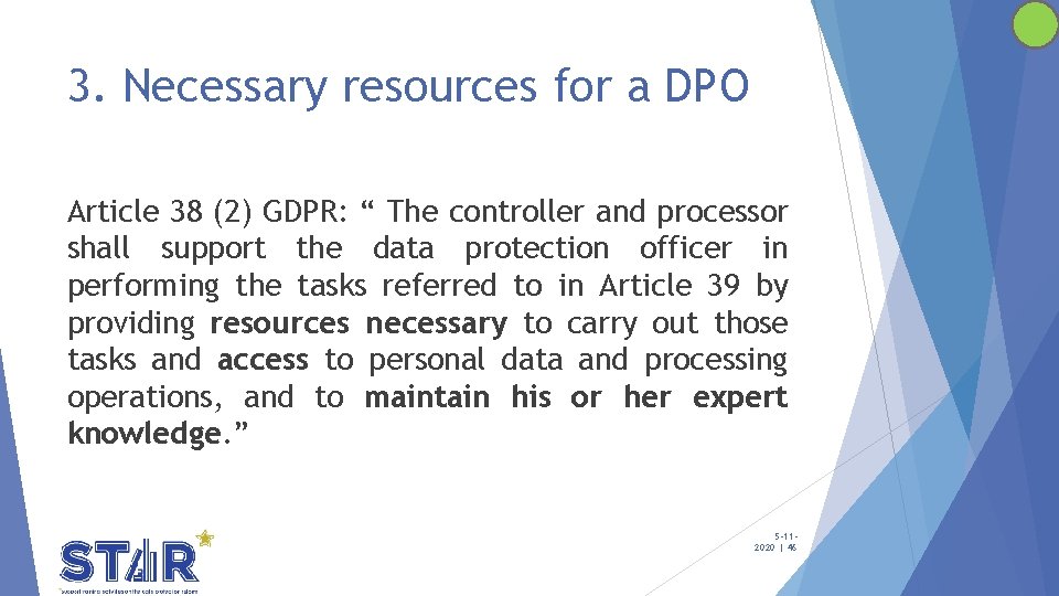 3. Necessary resources for a DPO Article 38 (2) GDPR: “ The controller and 3. Necessary resources for a DPO Article 38 (2) GDPR: “ The controller and