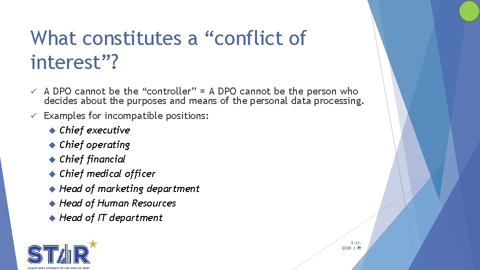 What constitutes a “conflict of interest”? A DPO cannot be the “controller” = A