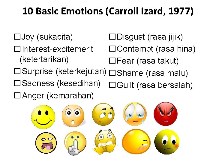 10 Basic Emotions (Carroll Izard, 1977) �Joy (sukacita) � Disgust (rasa jijik) � Interest-excitement