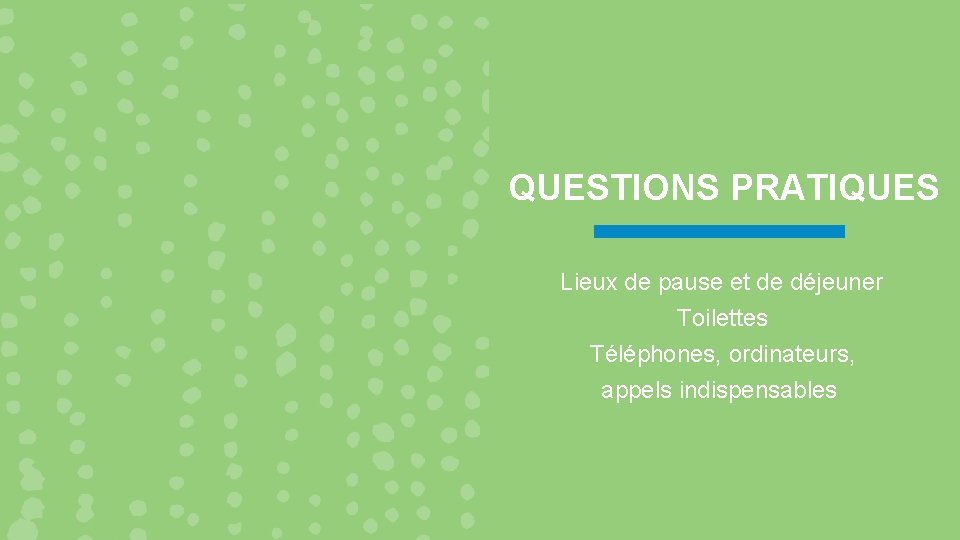 QUESTIONS PRATIQUES Lieux de pause et de déjeuner Toilettes Téléphones, ordinateurs, appels indispensables 