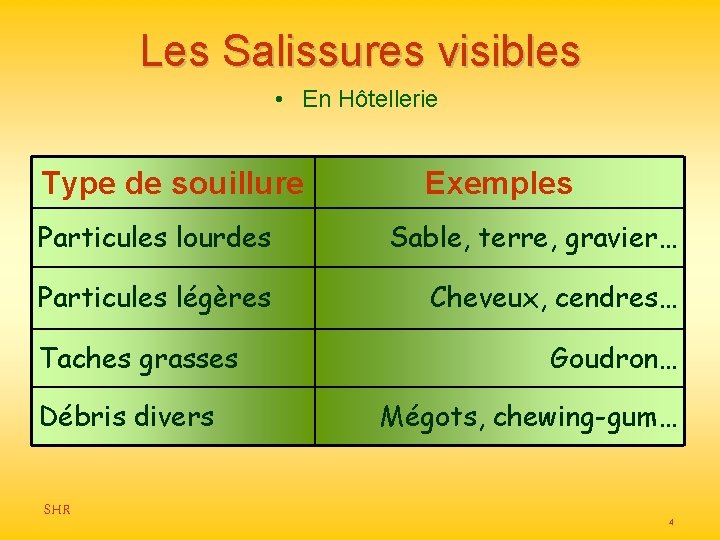 Les Salissures visibles • En Hôtellerie Type de souillure Exemples Particules lourdes Sable, terre,