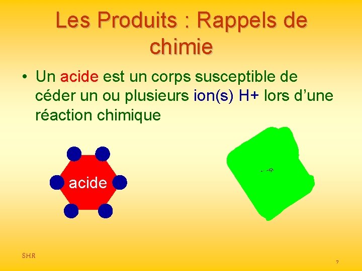 Les Produits : Rappels de chimie • Un acide est un corps susceptible de
