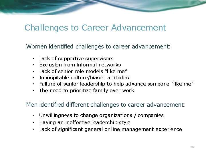 Challenges to Career Advancement Women identified challenges to career advancement: • • • Lack