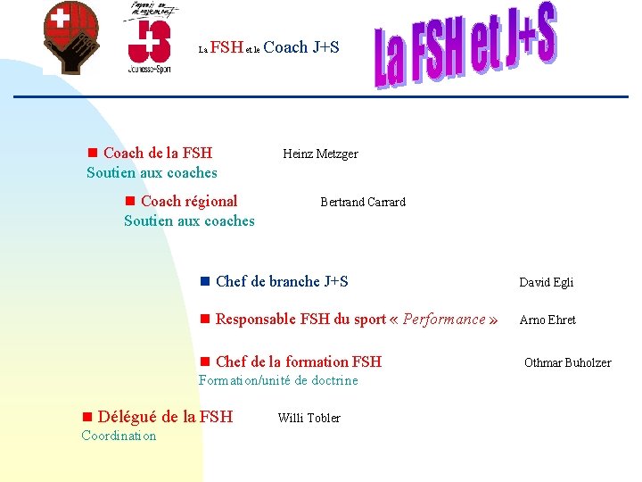 FSH et le Coach J+S La n Coach de la FSH Soutien aux coaches