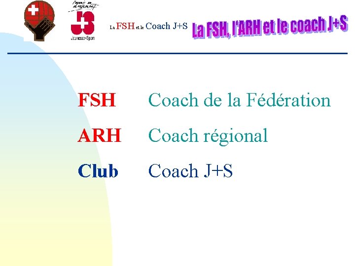FSH et le Coach J+S La FSH Coach de la Fédération ARH Coach régional