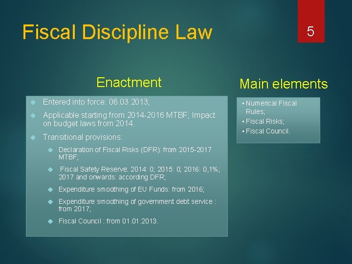 Fiscal Discipline Law Enactment Entered into force: 06. 03. 2013; Applicable starting from 2014